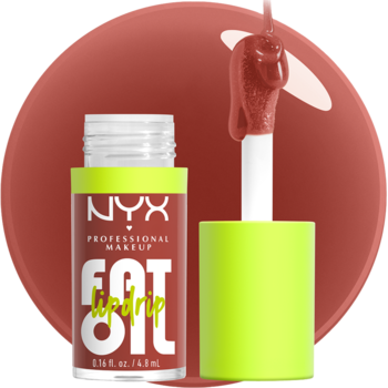 Otwarty błyszczyk NYX Fat Oil w odcieniu Splash Of Cream, z aplikatorem pełnym błyszczącego rdzawego olejku. Neonowa nakrętka.