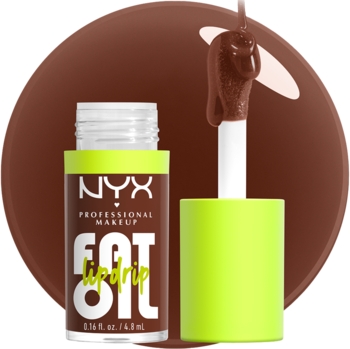 NYX Fat Oil Lip Drip w odcieniu Livin' The Cream, brązowy błyszczyk z neonowo-zieloną nakrętką, otwarty, z aplikatorem.