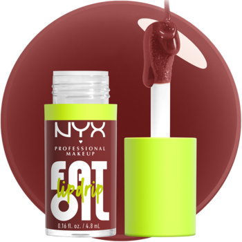 Zbliżenie na błyszczyk NYX Fat Oil w kolorze Sprinkle, z otwartym aplikatorem kroplącym ciemny olejek.