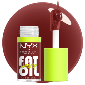 NYX Fat Oil Lip Drip Inside Scoop, ciemnobrązowy błyszczyk z aplikatora, w otwartej butelce z neonowym korkiem.