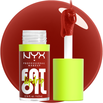 NYX Fat Oil Lip Drip, czerwony błyszczyk z neonową zieloną nasadką, aplikator z kroplą glossu.