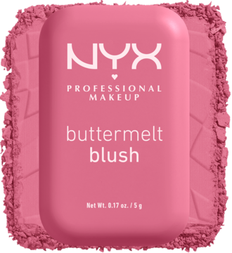 Róż NYX Buttermelt w różowej, prostokątnej puderniczce, leżący na warstwie różowego pudru.