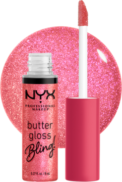 NYX Butter Gloss Bling! Łososiowy brokatowy błyszczyk do ust z aplikatorem i lśniącą smugą produktu na tle.
