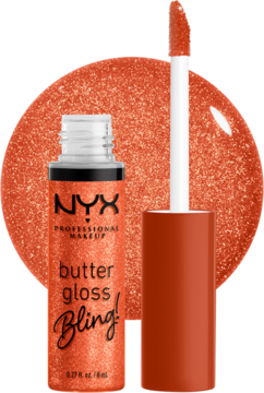 Pomarańczowy, brokatowy błyszczyk NYX Butter Gloss Bling! Shimmer Down, z otwartą butelką i aplikatorem obok.