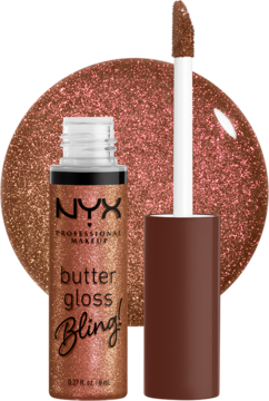 Otwarty błyszczyk NYX Butter Gloss Bling! w kolorze Hustla. Widoczny aplikator i błyszcząca plama na tle.