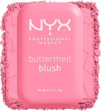 Pudrowy róż do policzków NYX Buttermelt Blush, jasnoróżowy kompakt na rozsypanym pudrze, widok z góry.