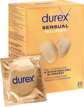Złote pudełko Durex Sensual NO LATEX (20 szt.) i zapakowana prezerwatywa nielateksowa na pierwszym planie.