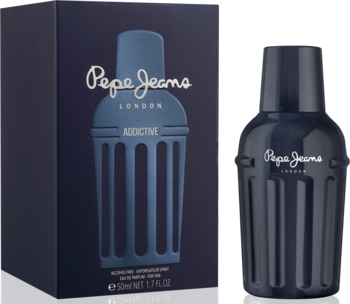 Pepe Jeans Addictive for Him w ciemnoniebieskim pudełku i butelce przypominającej shaker, widok z przodu.