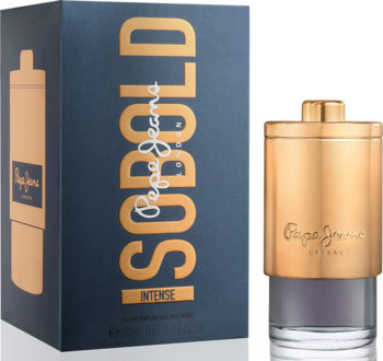 Pepe Jeans So Bold Intense: zbliżenie złotej butelki perfum i granatowego pudełka z napisem So Bold Intense.