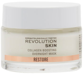 Przezroczysty słoik Revolution Skin Collagen Boosting Overnight Mask, biała zakrętka, napis RESTORE, widok z przodu.