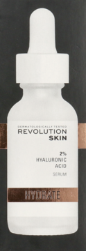 Revolution Skin Serum nawilżające 2% kwas hialuronowy w białej butelce z kroplomierzem, widok z przodu.