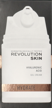 Revolution Skin Hydrate Hyaluronic Acid Gel Cream, biały pojemnik z pompką i miedzianym paskiem, widok z przodu.