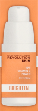Białe serum pod oczy Revolution Skin 10% witamina C, z pompką, napis BRIGHTEN, widok z przodu.