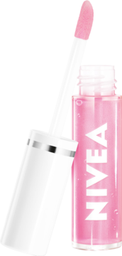 Otwarty olejek do ust NIVEA Candy Pink, przezroczysta butelka, biała zakrętka, aplikator z różowym olejkiem.
