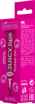 Bielenda Juicy Lips Tinted Oil Raspberry tint do ust w różowym opakowaniu z tubką i owocami malin.
