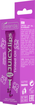 Bielenda Juicy Lips Tinted Oil, jagodowy. Fioletowe opakowanie z tubką i aplikatorem widocznym z przodu.