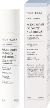 Your KAYA Kojące serum do twarzy z witaminą C dla skóry wrażliwej, biała butelka 50ml i karton, widok z przodu.