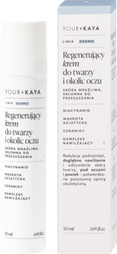 YOUR KAYA Regenerujący krem do twarzy i okolic oczu do cery wrażliwej, biała butelka i pudełko, widok przodem.