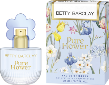 Betty Barclay Pure Flower EDT: butelka z niebieską kwiatową nakrętką i pudełko z wzorem kwiatowym, widok z przodu.