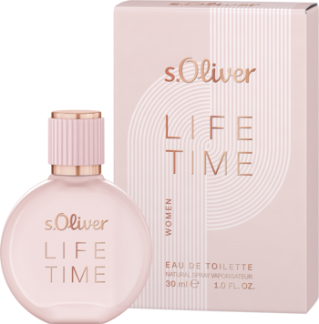 Różowa woda toaletowa s.Oliver LIFE TIME 30ml w zaokrąglonej butelce z karbowaną nakrętką i pudełkiem.