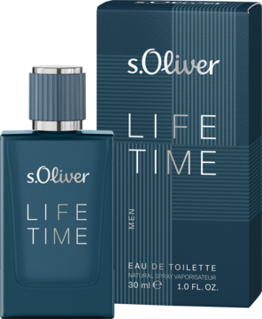s.Oliver Life Time, męska woda toaletowa, ciemnoniebieska butelka i pasujące pudełko na białym tle, widok z przodu.