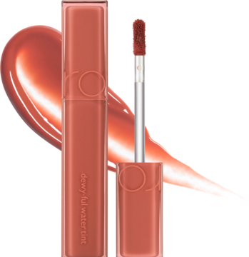 Rom&nd Dewyful Water Tint Salty Peach: dwa brzoskwiniowe błyszczyki, jeden otwarty z aplikatorem i smuga produktu.