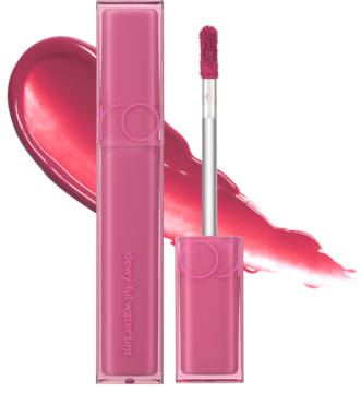 Rom&nd Dewy-ful Water Tint 06 Thulian, różowy błyszczyk z otwartą tubką, aplikatorem i smugą na tle.