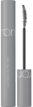 Wydłużający tusz Rom&nd Han All Fix L01 Long Black. Szare opakowanie i otwarta szczoteczka obok tubki.