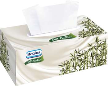 Chusteczki Regina Soft Bamboo 4-warstwowe, białe pudełko z zielonym bambusem, widok z góry i boku.