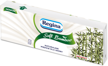 Białe pudełko miękkich chusteczek Regina Soft Bamboo 4-warstwowych, z zielonym logo i grafiką bambusa, pod kątem.