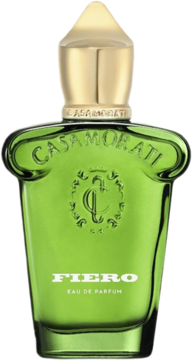 Zielona butelka perfum Xerjoff Casamorati Fiero z widocznym napisem 'Fiero' i złotym korkiem, ujęcie z przodu.