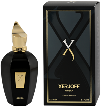 Xerjoff Opera woda perfumowana unisex, czarna rzeźbiona butelka ze złotą nakrętką obok pudełka.