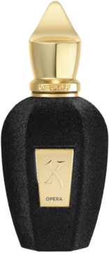 Woda perfumowana unisex Xerjoff Opera w czarnej, aksamitnej butelce ze złotym korkiem i etykietą, widok z przodu.