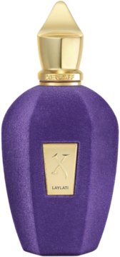 Xerjoff Laylati, fioletowa woda perfumowana unisex w welurowej, fasetowanej butelce ze złotą nakrętką, widok z przodu.