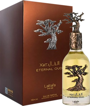 Perfumy Lattafa Pride Eternal Oud: złota butelka z rzeźbionym drzewem i brązowe pudełko, widok ukośny.