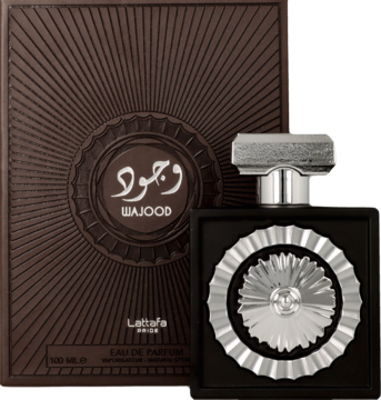 Lattafa Wajood Eau de Parfum: czarny flakon perfum ze srebrnym zdobieniem słońca i brązowe pudełko.