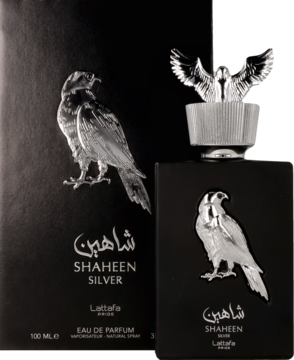 Perfumy Lattafa Shaheen Silver: czarne pudełko i flakon ze srebrnym sokołem, 100 ml, widok z przodu.