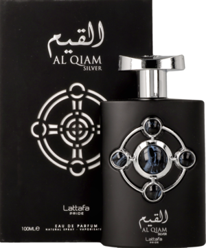 Woda perfumowana Al Qiam Silver Lattafa: czarna butelka z niebieskimi detalami i srebrnym emblematem, z pudełkiem w tle.