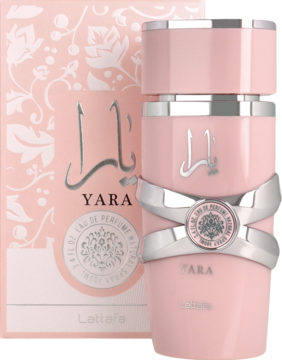 Różowa butelka perfum Lattafa Yara z ozdobnym srebrnym kokardą i różowe pudełko z floralnym wzorem, widok przód-bok.