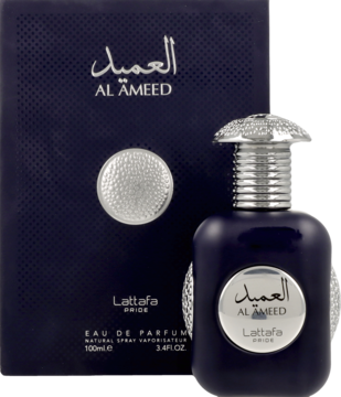 Al Ameed Lattafa EDP 100ml, ciemnoniebieska butelka z ozdobną srebrną nakrętką, obok dopasowane pudełko.