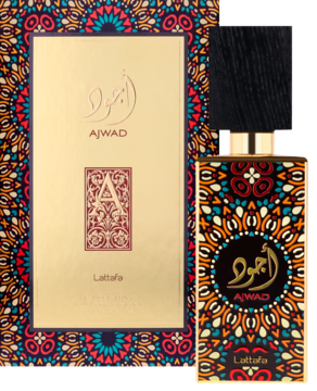 Perfumy Lattafa Ajwad w złotej butelce z czarnym korkiem i pudełku, z kolorowym arabskim wzorem, widok z przodu.