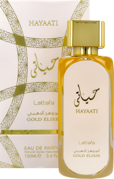 Lattafa Hayaati Gold Elixir: złoty flakon EDP z eleganckim, biało-złotym pudełkiem, widok z przodu.