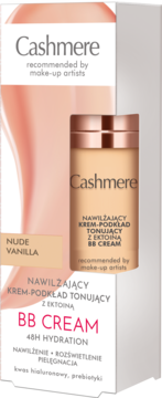 Cashmere Nawilżający BB Cream Nude Vanilla, białe pudełko z grafiką beżowej butelki, widok frontu.