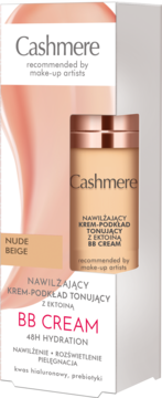 Cashmere BB Cream Nude Beige, nawilżający krem-podkład tonujący, z kwasem hialuronowym. Widok przodu opakowania.