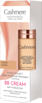 Cashmere BB Cream Nude Sand w białym opakowaniu i beżowej butelce, nawilżający i tonujący, widok z przodu.