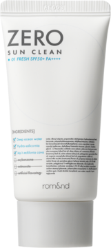 Biała tubka rom&nd ZERO SUN CLEAN 01 Fresh SPF50+ PA++++, lekki krem przeciwsłoneczny, widok z przodu.