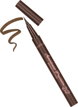 Eyeliner Lovely Americano Precision w brązowym pisaku z wysuniętą cienką końcówką, ujęcie ukośne.