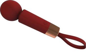 RubyGlow Beautifly, czerwony bezdotykowy masażer z kulistą głowicą, widok pod kątem, złota opaska.