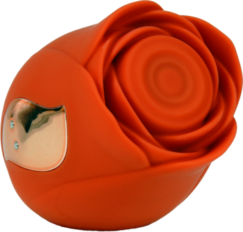Rose Glow Pleaser, pomarańczowy wibrator w kształcie róży, z metalicznym panelem sterowania z boku, zbliżenie.
