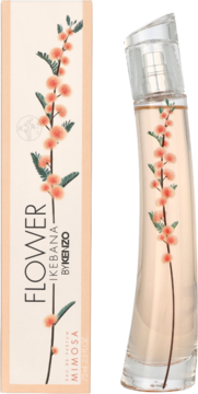 Kenzo Flower Ikebana Mimosa: butelka EDP z płynem i kwiatową grafiką, obok pasujące pudełko.